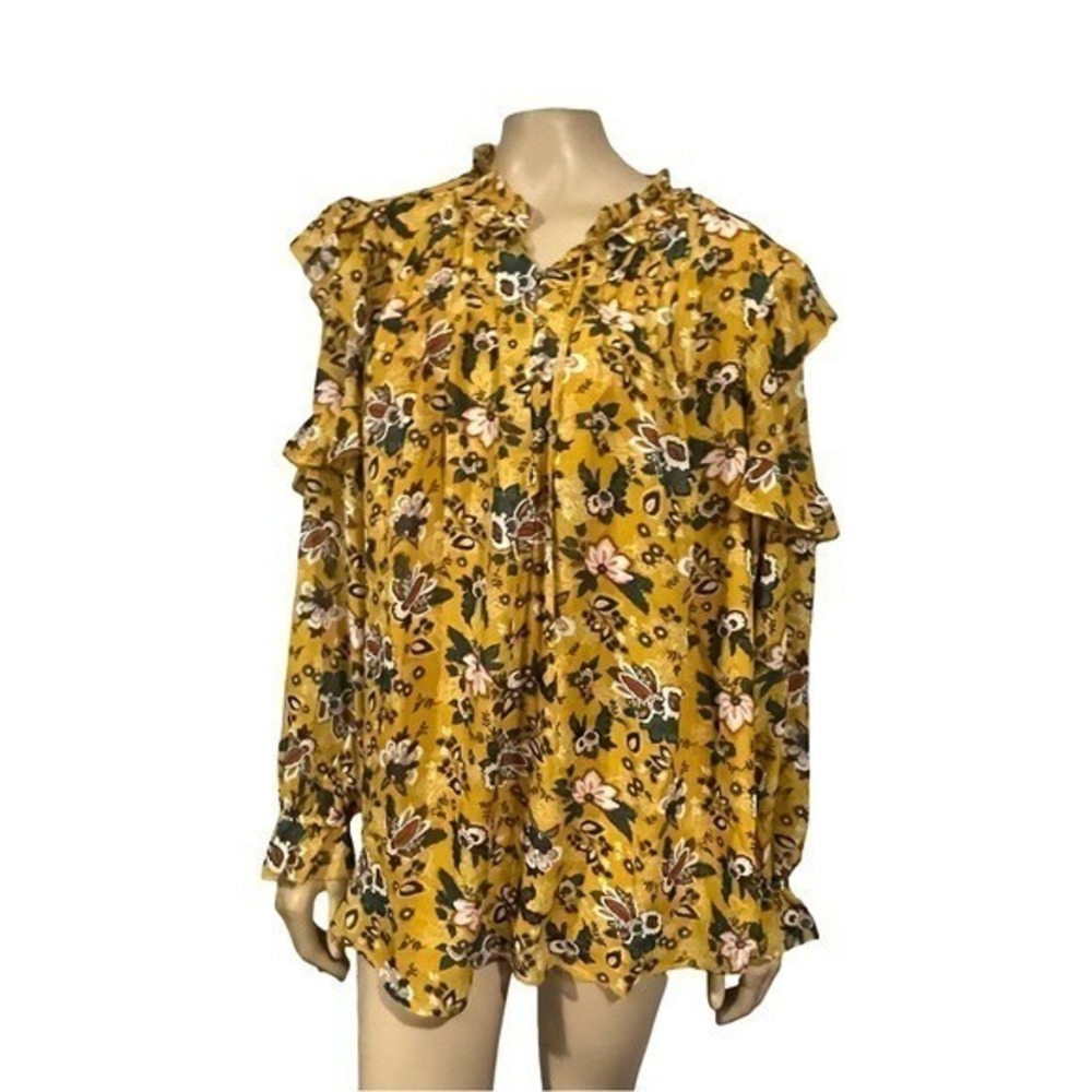 Lane Bryant Mustard Yellow Floral Ruffle Tie Neck Blouse Boho NWT Plus 16